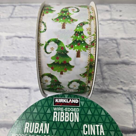 Kirkland Signature Other - 50 yards Abstract Holiday Trees Wired Gold Edge Ribbon 2,5 inch wide No Seams